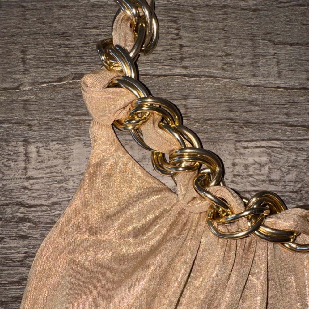 Vintage Bebe Gold Metallic Halter Mini Dress Y2K Chain Neck  S - Picture 3 of 7